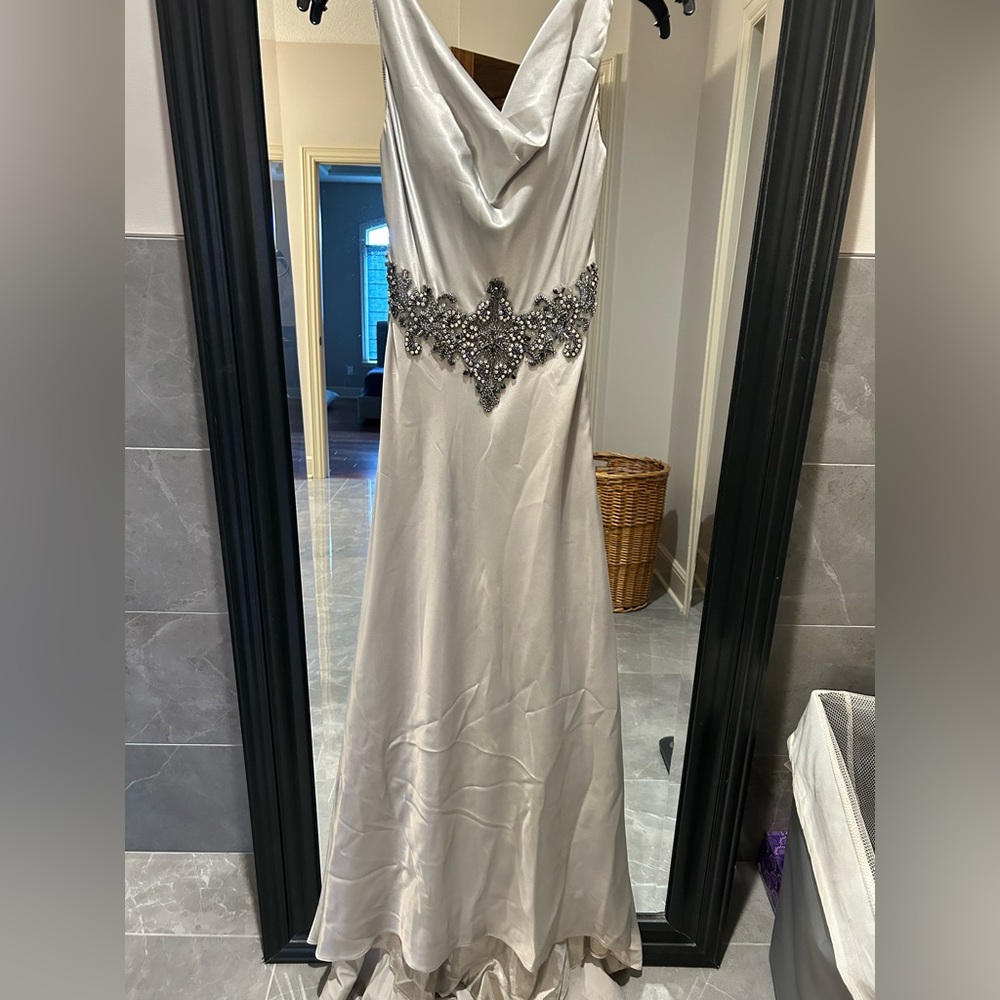 Silver beaded/gem cowl neck La Femme gown. Size 0